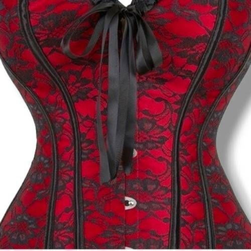 Women's Bustier Corset Red Black Lace‎ Whalebone Garters Back Ribbon Lace Up